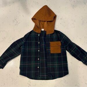 Kids' SHEIN Plaid Hooded Shirt Jacket in Green & Brown